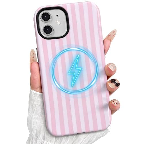 TKJSQ Magnetic for iPhone 12 Phone Case, Cute Striped Pattern Aesthetic Gloss Design, Stylish Shockproof Soft TPU and Hard PC 2-in-1 Protective Cover for iPhone 12, Pink - Image 1