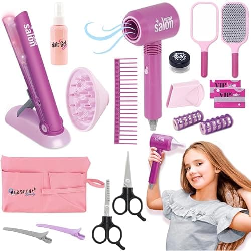 18 PCS Girls Beauty Hair Salon Toy Kit with Hairdryer, Straightener & Styling Accessories, Fashion Pretend Play Doll Stylist Set for Kids and Toddlers - Image 1