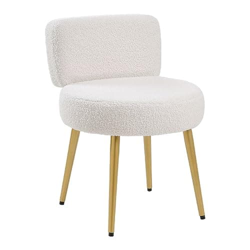 Warmiehomy Dressing Table Stool with Gold Legs and Tufted Back Comfy Makeup Vanity Stool Chair for Dressing Table, Bedroom, Living Room, White, Teddy Velvet - Image 1