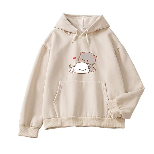 Women Kawaii Cartoon Cute Cat Graphic Casual Cotton Pullover Hoodies Sweatshirt - Large - Apricot - Image 1