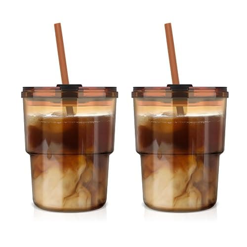 Luxfuel 13oz Tumbler Water Glass Cups with Straw and Lid, 2 Pack Reusable Glass Coffee Tumbler for Iced Tea, Coffee, Sealed Carry-On Travel Cups for Office, Party, Camping & Outdoor Use, Gift, Amber - Image 1