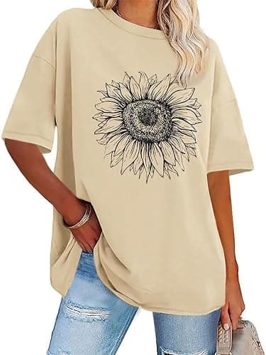 Womens Oversized Tshirt Graphic Tees Crew Neck Summer Short Sleeve Loose Fit Tops - Small - A-sunflower Print Khaki - Image 1