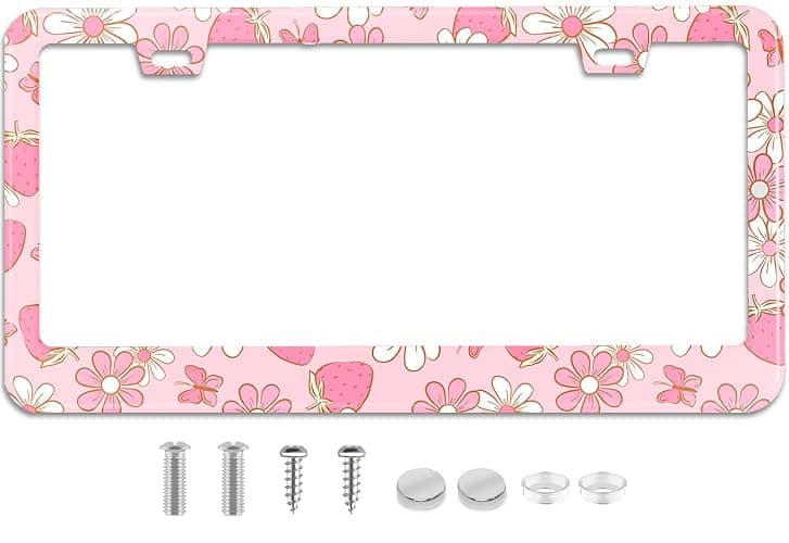 Pink Strawberry Butterfly Floral License Plate Frame Stainless Steel License Plate Frames Holder Covers Rust-Proof Auto Parts Decoration with Screws License Plate Holder for Car Accessories 12x6 Inch - Image 1