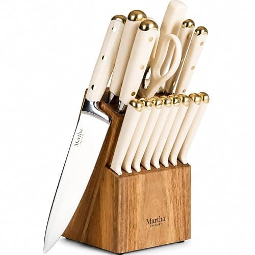 Martha Stewart Knife Block Set 16-Piece - Lockton High Carbon Stainless Steel Forged Full Tang Chef Knives, Acacia Wood Block, Triple Riveted Handles, Linen White & Gold - Image 1