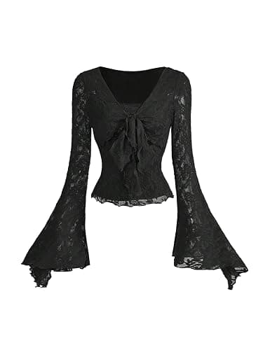 Verdusa Women's Y2K Tie Front Tops Bell Sleeve Floral Print Mesh Tops Long Sleeve Shirts 2000s Clothing - Image 1