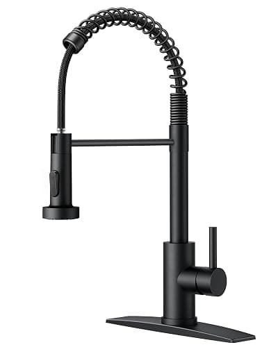 FORIOUS Black Kitchen Sink Faucet, Pull Down Sprayer, Classic High Arc | Lead-Free Stainless Steel, Single Handle Commercial Spring Sink Faucets for Laundry Utility Room, Outdoor Farmhouse Camper - Image 1