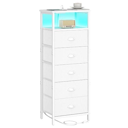 sthmec Nightstand with Charging Station,LED White Nightstands with 5 Fabric Drawers PU Finish, Bedside End Tables, 2-Tier Open Storage Shelf Side Table Nightstand with Drawers for Bedroom,White - Image 1