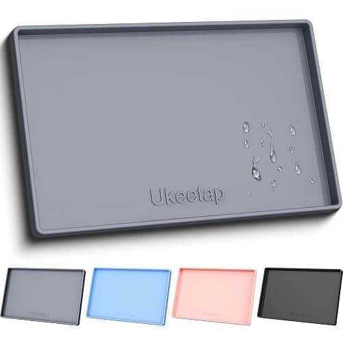 ukeetap Extra Thick Silicone Mat Waterproof with Raised Edge 19” x 12”, BPA Free Non-Slip Dog & Cat Food Mat, Feeding Mat for Food and Water Bowls, Spill Proof Mat to Protect Floors, Gray - Image 1
