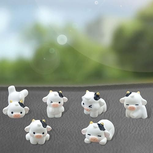 LHDOS 6PCS Cute Cow Car Rear View Mirror Ornaments, Funny Car Dashboard Decoration Set, Mini Resin Center Console Decoration, Cartoon Figurine Car Interior Accessories for Women Men (White) - Image 1
