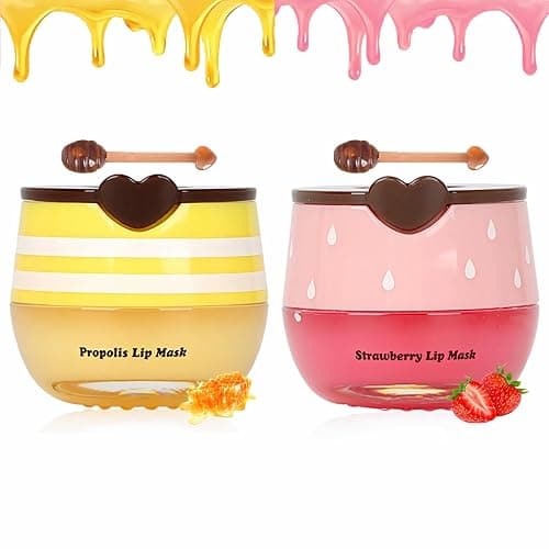 2 PCS Bee Lip Balm Lip Mask Honey Pot,Honey & Strawberry Lip Mask Propolis Moisturizing Lip Balm,Hydrating Prevention Dry & Cracked,Mothers Day Gifts,Teacher Appreciation Gifts,Easter Basket Stuffers - Image 1