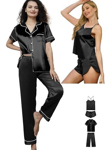 WJing Yi Jia 5Pcs Womens Silk Pajamas Set Sexy Cami Shorts Pj Sets Lingerie Satin Pajama Sets Loungewear Pjs Silky Sleepwear - Image 1