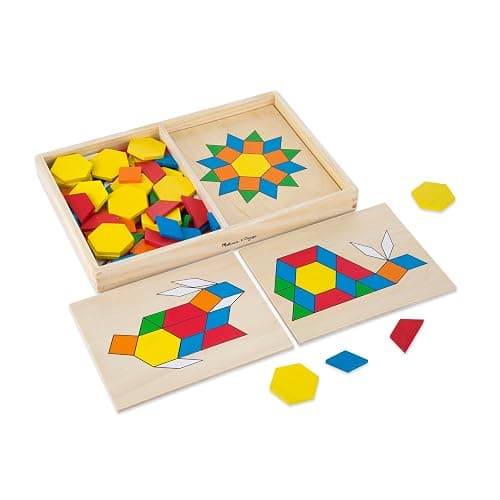 Melissa & Doug Pattern Blocks and Boards with 120 Multi-Colored Wooden Shape Tiles, 5 Double-Sided Puzzle Boards, Tangram Puzzles, Montessori Toys for Girls & Boys - Image 1