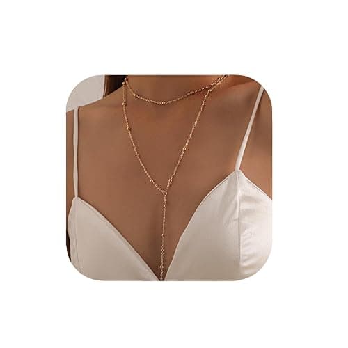 Moguri Lariat Gold Necklace for Women, 14k Gold Dainty Long Necklace Plated Y-Shaped Pendant Necklace Trendy Layered Cz Beaded Chain Drop Necklaces Simple Gold Jewelry For Women Gift - Image 1