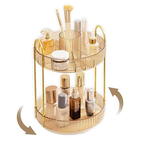 ROLIZOE Organizador de Maquillaje Giratorio 360 Organizador Cosmeticos 2 Niveles Gran Capacidad Almacenaje Cosméticos Organizador Perfumes Makeup Organizer con Portacepillos para Baño Tocador, Oro - Image 1