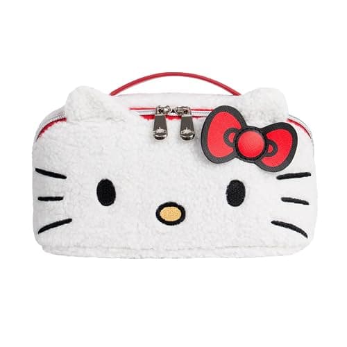 Impressions Vanity Hello Kitty Unfold Travel Makeup Bag Organizer, Opens Flat Zippered Cosmetic Bag with Cozy Sherpa Fabric Texture, Dual Compartments, Inner Pockets, Top Carrying Handle - Image 1