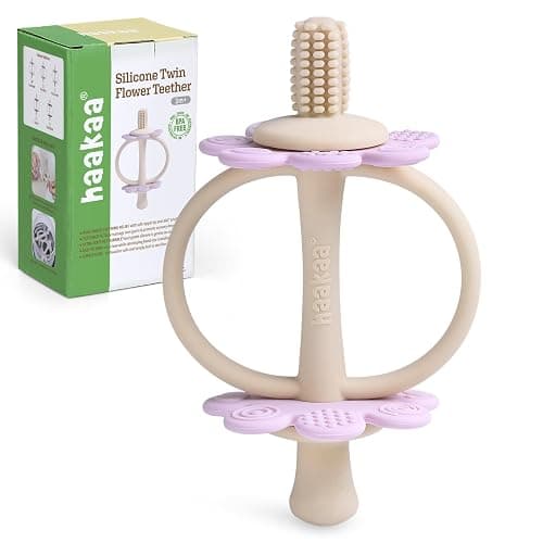haakaa Silicone Twin Flower Teether,Nipple-Shaped End for Gum Massage,360° Baby Toothbrush Head for Self-Brushing Training,Easy to Grip - Lavender - Image 1