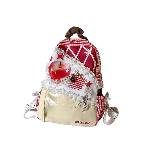 VDYRBAX Merci Manan Plaid Apple Backpack, Lightweight Nylon PVC Daypack with Lace & Polka Dot Straps for Daily Use (red) - Image 1