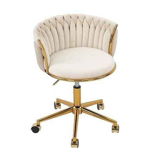 HENGJIANYI Velvet Woven Home Office Chair, Modern Swivel Desk Chair with Wheels, Height Adjustable Vanity Chair with Gold Metal Base and Hand Weaving Back, Beige - Image 1