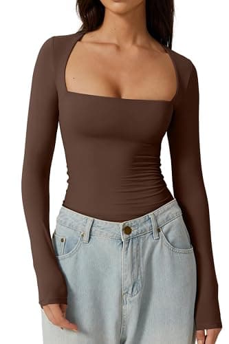 QINSEN Women's Sexy Square Neck Shirt Long Sleeve Double Lined Tees Fitted Going Out Tops - X-Small - Coffee Bean - Image 1