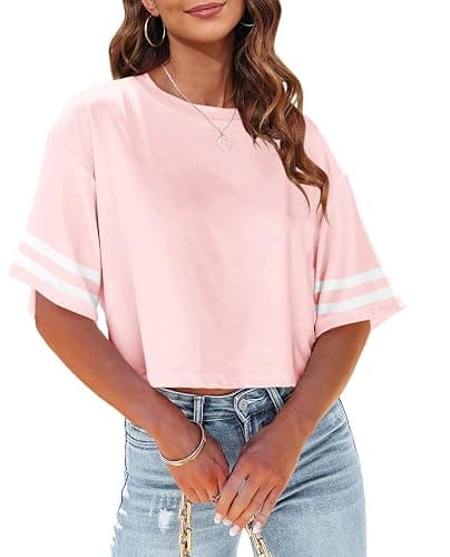 Tankaneo Women Half Sleeve Cropped T-Shirts Drop Shoulder Round Neck Crop Tops Casual Summer Solid Color Basic Tees - Medium - Z03-pink - Image 1