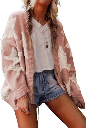 KevaMolly Womens Cardigan Sweater Sherpa Star Pattern Textured Sweater Cardigan with Pockets Casual Knit Coat - Image 1