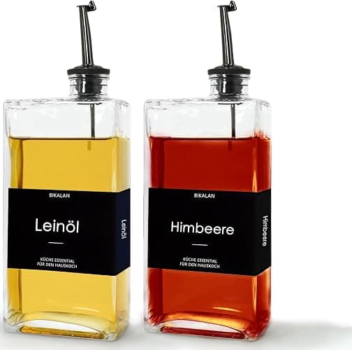 BIKALAN Ölflasche mit Ausgießer, Kaffee Sirup Spender Glas Set, Olivenöl Flasche Set, 500ML Ölspender Glas, Oil Dispenser Sirup Pumpspender mit 40 Aufkleber, Trichter (Schwarz, 500 Milliliter) - Image 1