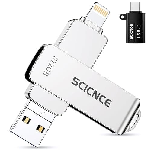 SCICNCE 512GB Flash Drive Intended for iPhone, USB Memory Photo Stick Storage for Photos Videos, Plug and Play No Application Required, Compatible with iPhone iPad Android and Computers (Metal Silver) - 512GB - Metal Silver - Image 1