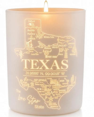 Texas Gifts Glow-Through Engraved Candle w/Teakwood, Tobacco & Rich Leather I Texas Decor for Home I Texas Souvenirs I Texas State Gifts I 9oz Jar, 50Hr Burn, USA Made - Image 1