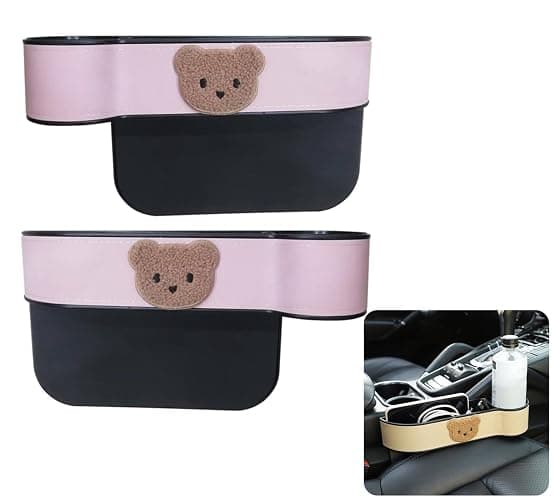 2 Pack Leather Cup Holder for Car Seat Gap Organizer Cute Bear Multifunctional Car Seat Storage Box for Mug Phone Keys Pink - Image 1