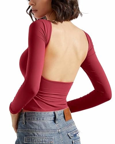 SUUKSESS Women Backless Going Out Tops Double Lined Open Back Basic Long Sleeve - Image 1