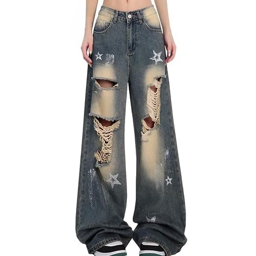 kakarin choyx Fashion Vintage High Waisted Baggy Wide Leg Ripped Jeans Y2K Star Washed Casual Straight Leg Denim Pants - Image 1