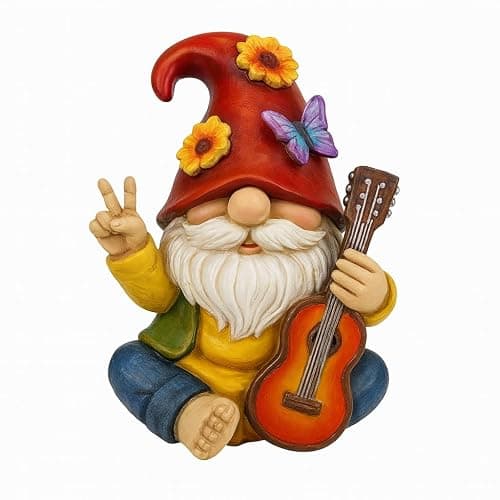 GoGnome Peace Sign Garden Gnome Figurine Outdoor Statue, Funny Guitar Playing Dwarf Rock Music Decor - 6‘’ Resin Lawn Ornament, Unique Housewarming Gift for Music Lovers & Gardeners (Red) - Image 1