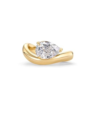 PAVOI 14K Gold Plated Premium Cubic Zirconia Square Solitaire Engagement Ring for Women - Unique Wavy Promise and Fake Wedding Ring - 5 - Pear CZ - Yellow Gold - Image 1