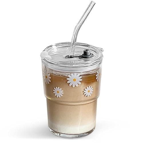 Olvini 13oz Glass Tumbler with Straw and Lid, Reusable Iced Coffee Cup Tumbler, Cute Glass Cups for Water, Matcha, Travel Coffee Mugs (Daisy) - Image 1