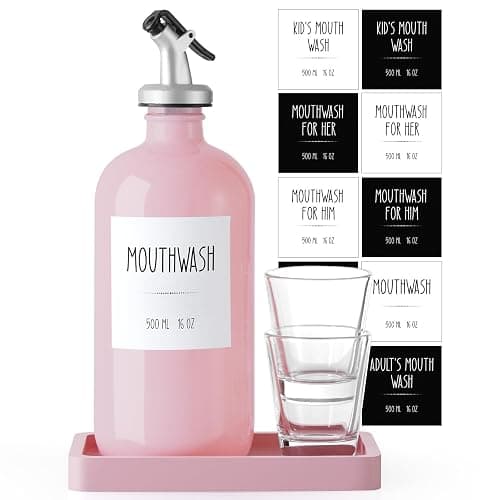 CMLKLZD Glass Mouthwash Dispenser for Bathroom, 16 OZ Mouth Wash Bottle Container with Pour Spout & Reusable Mouthwash Cups & Wood Tray & Labels, Pink Bathroom Kitchen Decor and Accessories - Image 1