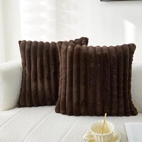 Sunday Praise Double-Sided Faux Fur Plush Throw Pillow Covers 18x18 Inch Set of 2 Dark Brown Striped Decorative Pillow Cases Soft Luxury Cushion Cases for Couch Sofa Living Room Décor - Image 1