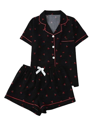Verdusa Women's 2 Piece Pajama Sets Lightweight Fall Pajamas Cute Pj Set Button Shirt with Shorts Lounge Pjs - Image 1