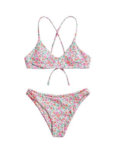 SHENHE Women's Bikini Set 2 Piece Criss Cross Tie Back Boho Swimsuits | 2 Piece Swimsuit For Women,Floral Bikini Sets,Criss-Cross Tie Back Bikini Bottom,Low Rise - Image 1