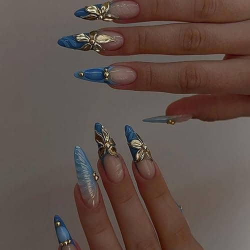Almond Press on Nails Blue French Tip Fake Nails with Gold 3D Flower Water Ripple Designs Full Cover Acrylic Nail False Nails Long Glossy Stick on Nails for Women Girls Manicure Decor 24 Pcs - Image 1