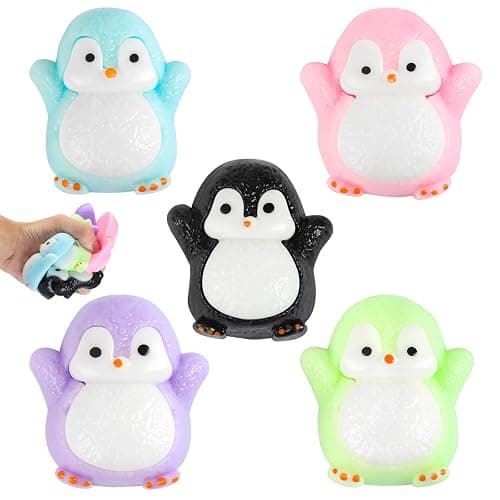 Cute Penguin TaBa Squishy Toys - Kawaii Stress Relief Fidget Sensory Toys, Soft Silicone Squeeze Gifts for Children, Teens, and Adults (5-Pack Black + Green + Pink +Purple+Blue) - Image 1