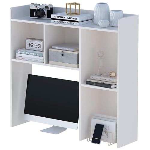 OSCHF Wooden Desktop Hutch Bookshelf - Free Standing Desk Storage Shelf with Top Edge for Computer Desk, Desktop Bookcase for Dorm, Home or Office, Countertop Organizer, White, 37.4" - Image 1