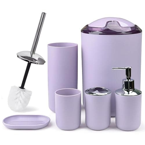 CERBIOR Bathroom Accessories Set 6 Piece Bath Ensemble Includes Soap Dispenser, Toothbrush Holder, Toothbrush Cup, Soap Dish for Decorative Countertop and Housewarming Gift (Purple) - Image 1