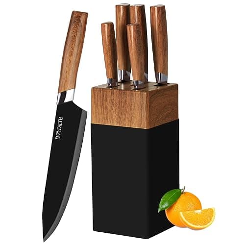 lapelux Kitchen Knife Set - 5 Piece Knife Set with Block, Wood Grain Handle, Stainless Steel Knivese with Chef, Bread, Slicer, Utility, Paring Knife for Cutting Meat/Vegetables/Fruit.… - Image 1