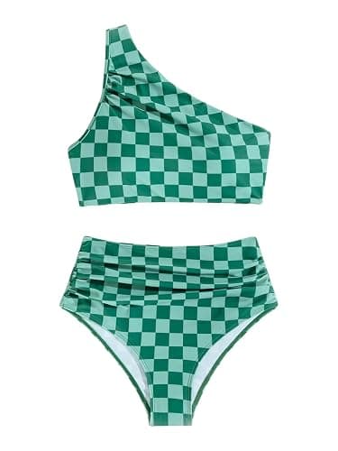 SOLY HUX Women's Plaid Bathing Suit Checkered Print One Shoulder Ruched High Waisted Bikini Set Two Piece Swimsuit - Large - Green Plaid - Image 1