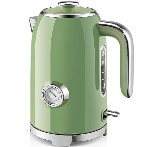 SUSTEAS Electric Kettle - 57oz Hot Tea Water Boiler with Thermometer, 1500W Fast Heating Stainless Steel Pot, Cordless LED Indicator, Auto Shut-Off & Boil Dry Protection, Retro Green - Image 1