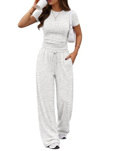 Trendy Queen Women's 2 Piece Matching Summer Lounge Set with Pockets | Vacation Airport Travel Outfits, Workout Gym Clothing Comfy Athleisure Clothes, Side-ruched Top, Drawstring Wide Leg Pants - Image 1