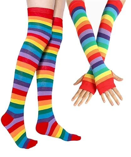 YELAIVP Over Knee Rainbow Thigh High Socks Gloves Set Cosplay Accessories Arm Leg Warmers for Girls - Image 1
