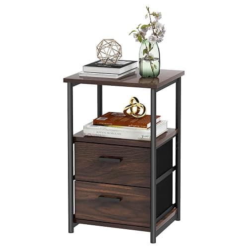 COSTWAY Nightstand with 2 Fabric Drawers, 3-Tier Bedside Sofa Side Table with Open Shelf, Metal Frame, Industrial End Table for Bedroom, Living Room, Dormitory, Walnut - Image 1