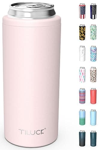 TILUCK Skinny Can Cooler, Stainless Steel Insulated Slim Cans, 12 oz | Beer & Hard Seltzer, Doucle-Walled Stainless Steel Insulated Slim Cans, Slim 12 oz(Frosted Pink) - Image 1