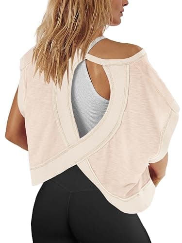 Panadila Womens Open Back Workout Top Oversized Workout T Shirts Backless Athletic Shirt Short Sleeve Baby Tee - Image 1